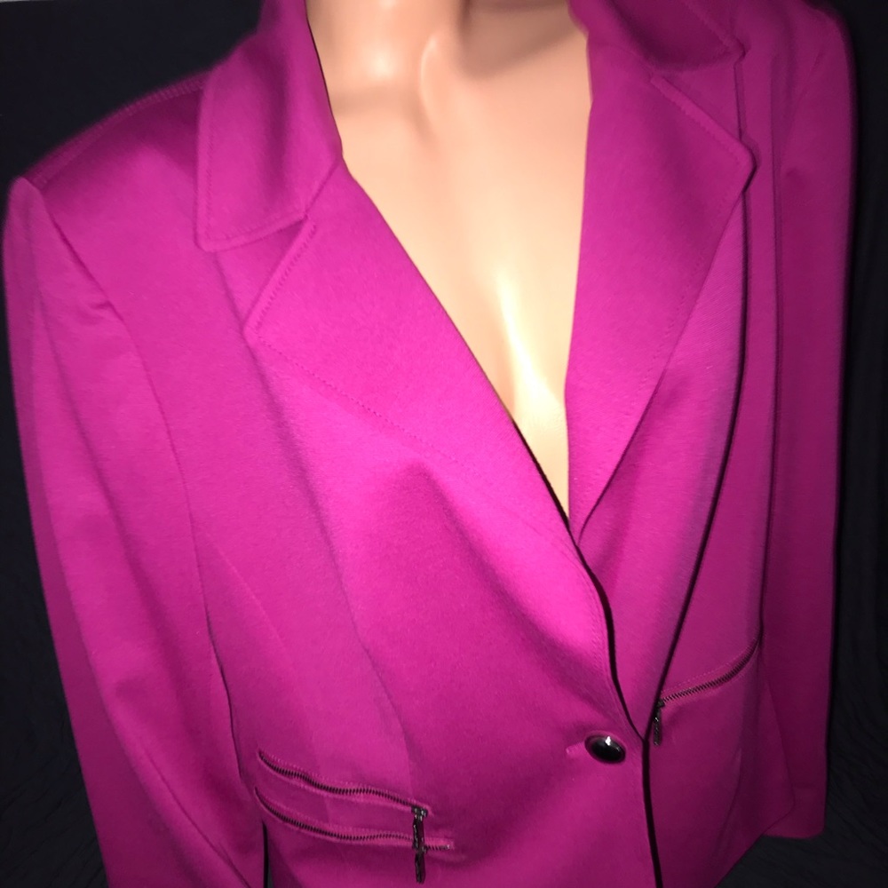 Anne Klein hot pink fuschia career jacket black zipper glam doll sexy work boss